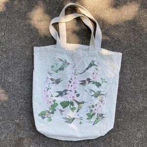 Vintage canvas floral hummingbird graphic tote bag